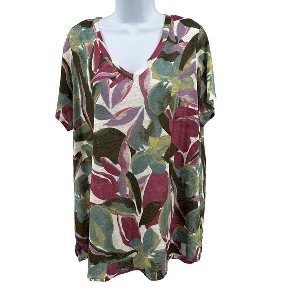 Tahari 100% Linen T-Shirt WMNS 1X Multicolor Floral V-Neck Pullover Short Sleeve - Picture 1 of 6